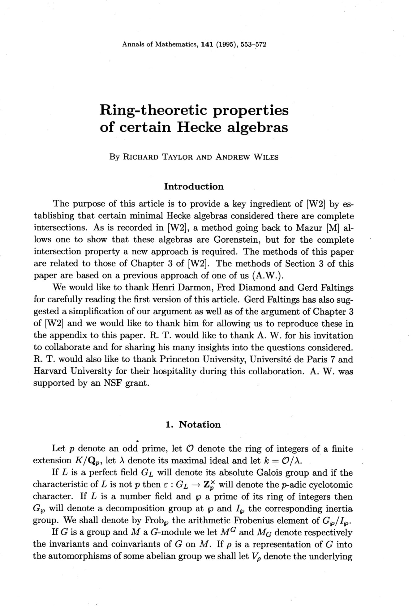 Richard Taylor, Andrew Wiles - Ring-theoretic properties of certain Hecke algebras