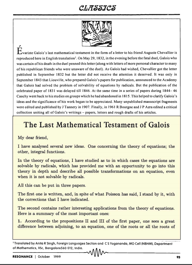 The mathematical testament of Galois