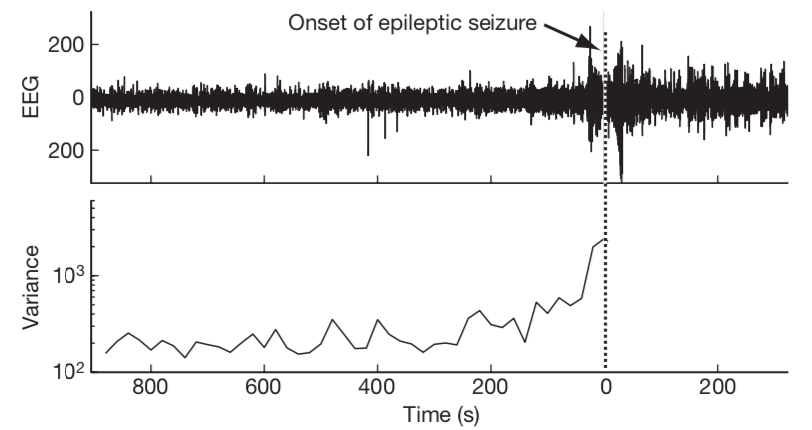Subtle changes in brain activity before an epileptic seizure may be used as an early warning signal. The epileptic seizure clinically detected at time 0 is announced minutes earlier in an electroencephalography (EEG) time series by an increase in variance (Figure 5 from Scheffer et al. (2009)).