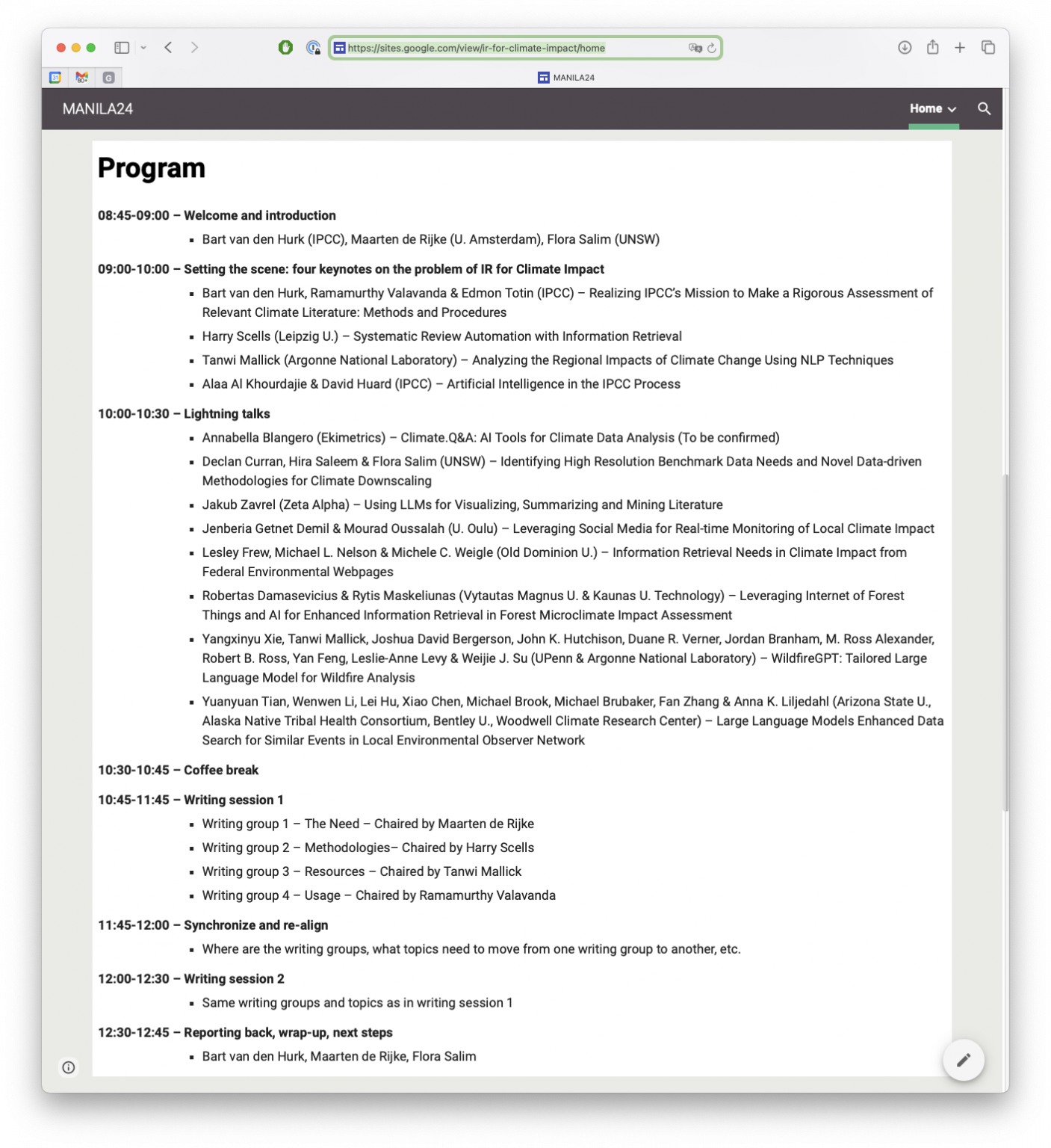 Program for the SIGIR 2024 on IR for Climate Impact Online